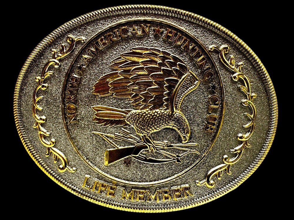 Vtg BELT BUCKLE Eagle Gun North American Hunting Club Life Member (MINT)